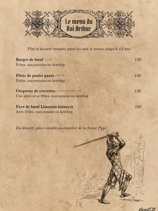 Carte – menu enfant du Roi Arthur